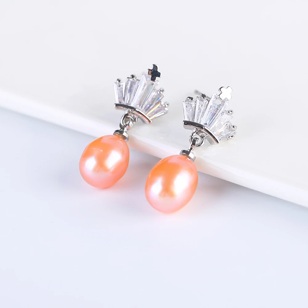 

Pearl Drop Earrings Orange Freshwater Pearl Stud Earring for Women with Crown Shape Sparkling Crystal Embellishments