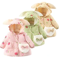 vogueon baby girl cute strawberry print coat toddler kids winter thicken fleece jacket infant children hooded outerwear with bag