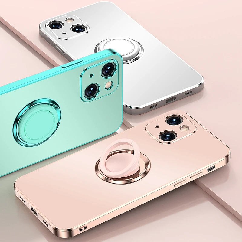 

Luxury Matte Case For iPhone 11 12 13 Pro Max X XR Xs Max 7 8 plus SE 2020 Mini Ring Holder Stand Soft Electroplated Cover