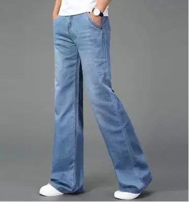 Mens Classic Stretch Slightly Flare Jeans Men Black Blue Flared Jean Slim Homme Business Casual Regular Fit Denim Pants Trousers