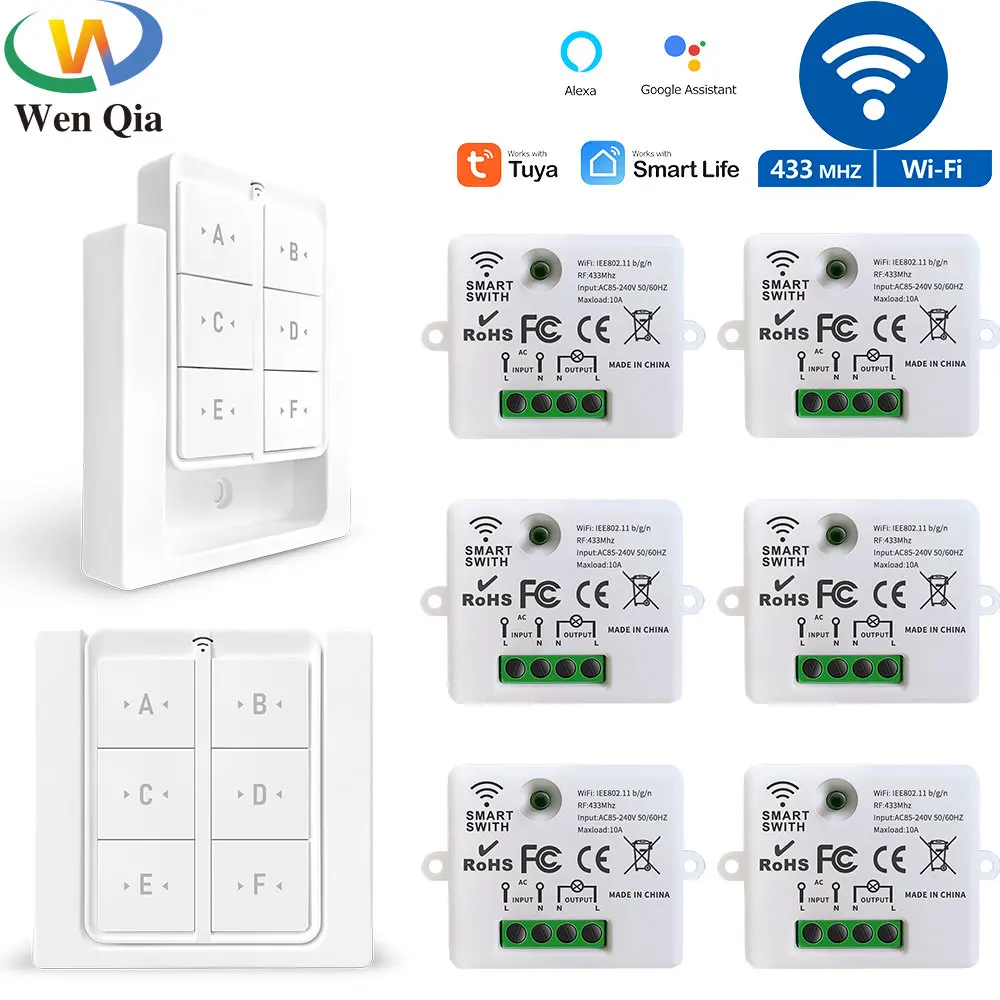 

Tuya WiFi RF Smart Light Switch 433MHz 6 Gang Wireless Wall Panel Switch,110V 220V Timing Receiver Work with Goole Home/Alexa