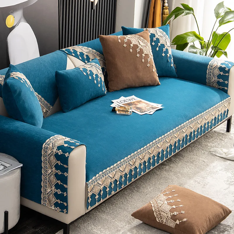 

Чехол для дивана из шенилла, всесезонный Универсальный нескользящий чехол в скандинавском стиле, кружевное покрывало для дивана в гостиной