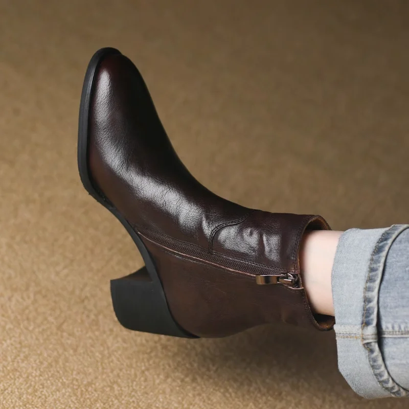 Ботильоны женские на высоком толстом каблуке выразительная обувь из воловьей