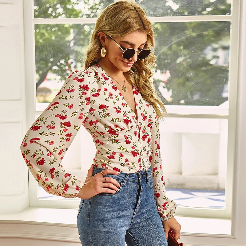 

Женская блузка с цветочным рисунком, модная с длинным рукавом и V-образным вырезом, милая, элегантная повседневная одежда для отпуска для де...