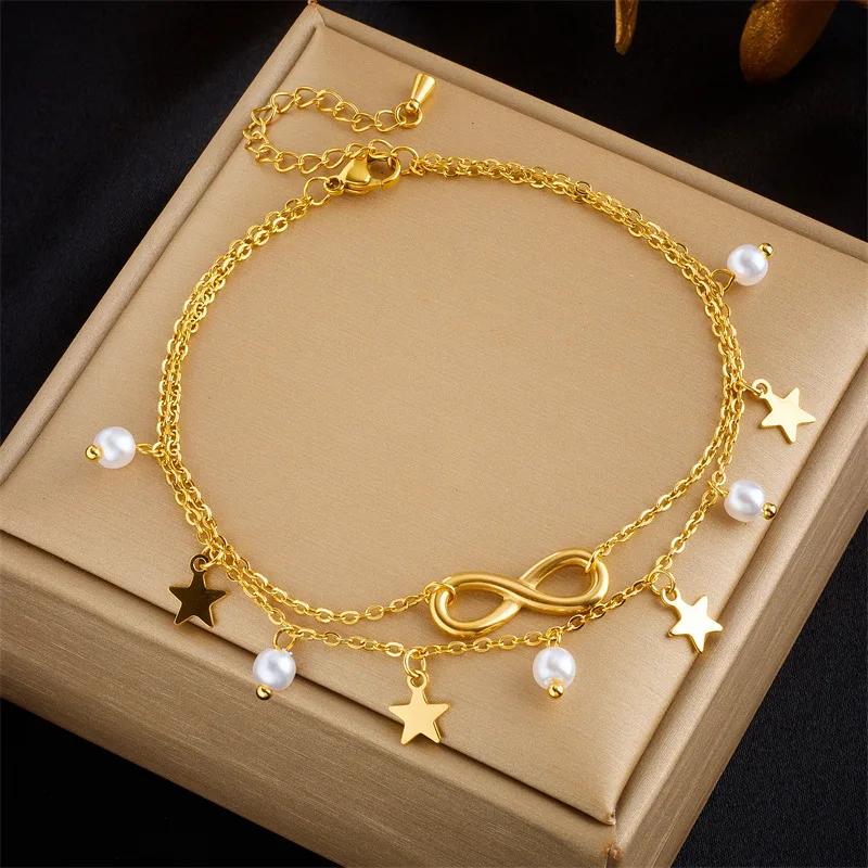 

316L Stainless Steel Star Pearl Number 8 Charm Anklet For Women Girl Trend Multilayer Chains Anti-Rust Jewelry Gift Wholesale