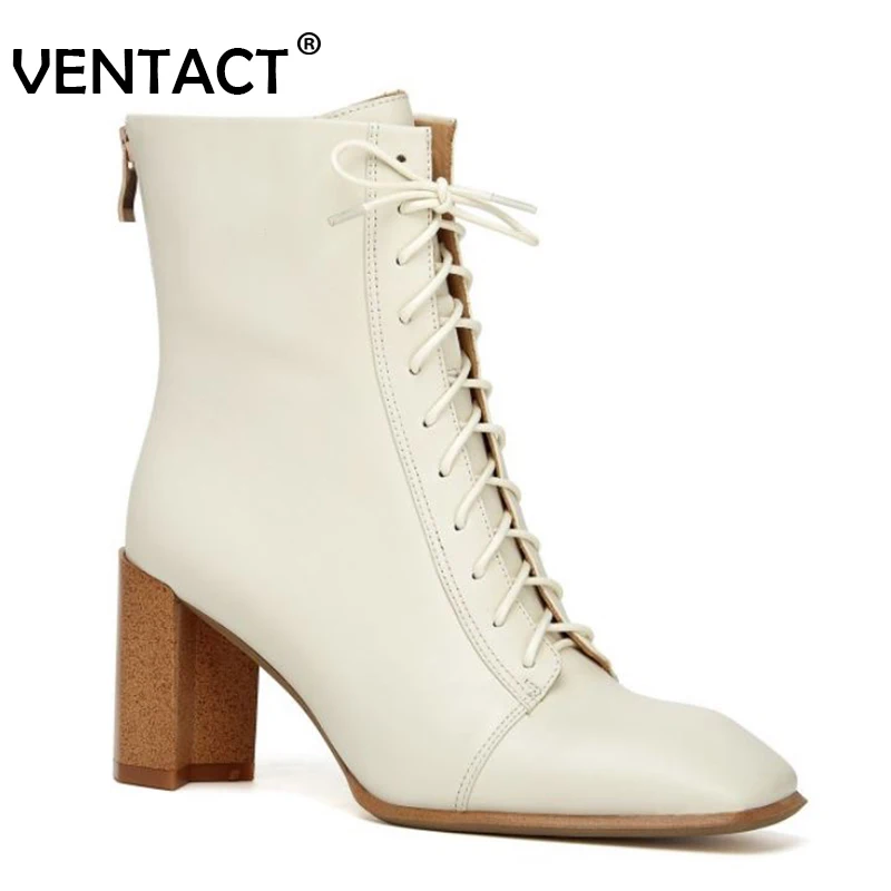 

VENTACT New Women Ankle Boots Genuine Leather Woman High Heel Boots Fashion Square Toe Women Shoes Winter Footwear Size 34-40