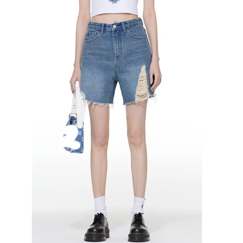 

Women's Short Blue Summer High Waist Jeans Y2K Baggy Straight Five Points Trousers Streetwear Vintage Denim Wide Leg Short Pants