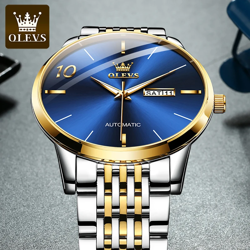 OLEVS Mens Watches Top Brand Luxury Gold Automatic Mechanical Watch Fashion Blue Dial With Weekly Calendar Luminous Waterproof enlarge