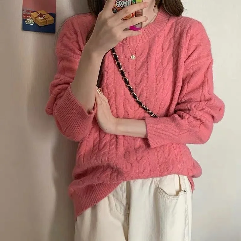 

Fall Winter Women's Soft Cable Knit Sweater Solid Color Round Neck Korean Basic Loose Streetwear Fashion Western Style Pullover