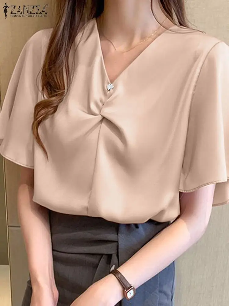 

ZANZEA женская летняя элегантная однотонная атласная рубашка, модная блуза с v-образным вырезом и коротким рукавом, Женская свободная офисная блуза, сорочка, туника, топы