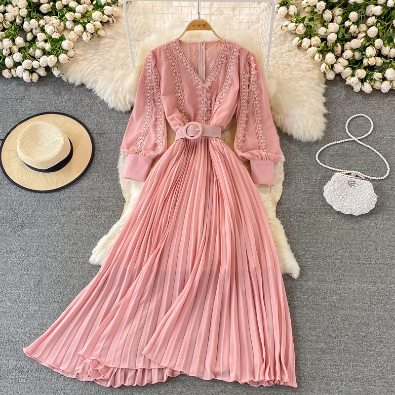 

LY VAREY LIN New Spring Autumn Women Elegant V-neck Embroidery Long Dress with Belt Slim Solid High Waist A-line Pleated Dress
