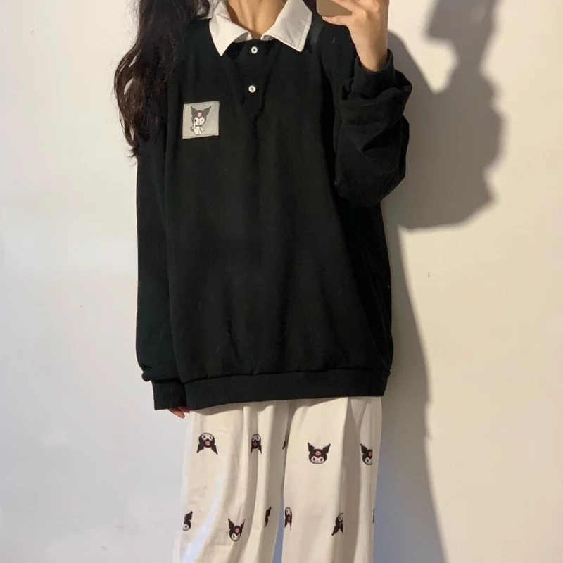 

HOUZHOU Harajuku Kawaii Hoodie Women Cartoon Print Sweatshirt Casual Loose Long Sleeve Tops Polo Collar Japanese Preppy Style
