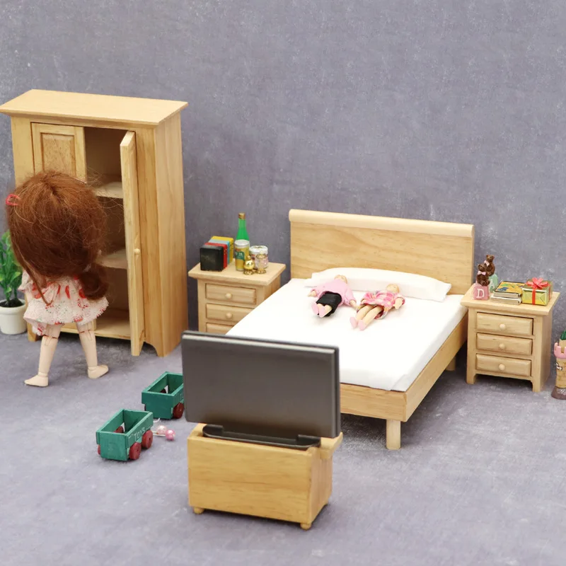 

1:12 dollhouse dollhouse mini furniture bedroom scene log color set bed wardrobe bedside table