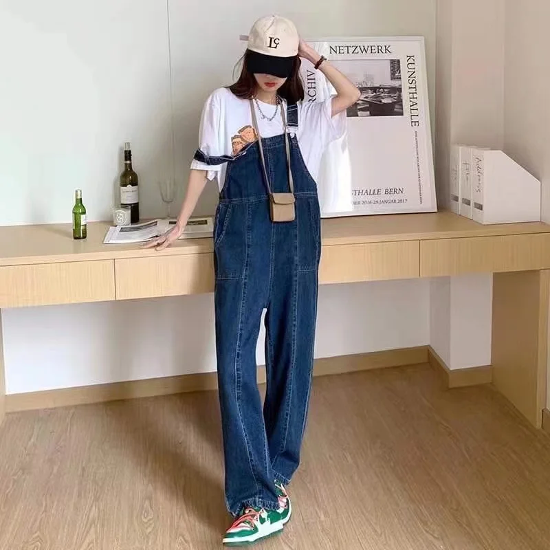 Женский джинсовый комбинезон на бретельках Синий Свободный в корейском уличном
