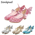 Кожаные туфли принцессы с бабочками, детские туфли с бантом и бриллиантами на высоком каблуке, детские танцевальные блестящие туфли для девочек, модные вечерние танцевальные туфли для девочек