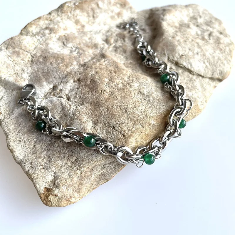 

Браслет из нержавеющей стали для мужчин и женщин, простой дизайн в китайском стиле с имитацией нефрита и зеленого жемчуга