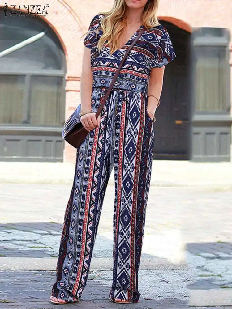 

ZANZEA Vintage Waisted Playsuits Vacation Ethnic Print Overalls V-neck Short Sleeve Long Rompers Summer Bohemian Women Jumpsuits