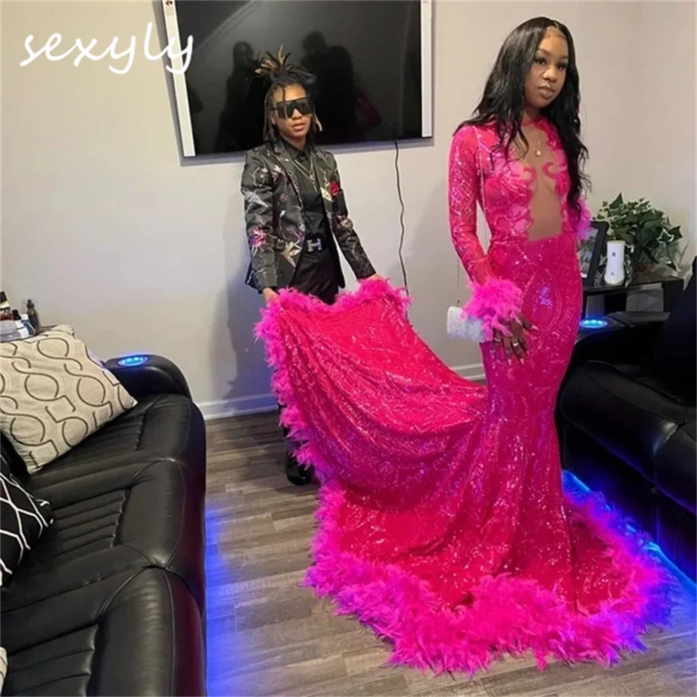 

Black Girls Hot Pink Prom Dress 2023 With Long Sleeve Sparkle Sequined Mermaid Evening Gowns With Feather Usa Formal Party Wear