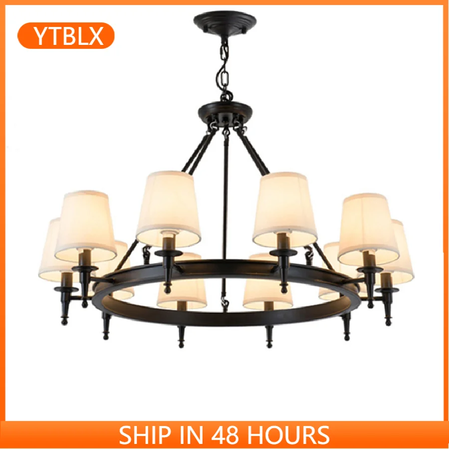 

American Country Retro Chandeliers Fabric Lampshade Wrought Iron E14 Ceiling Chandelier for Living Room Kitchen Bedroom Lighting