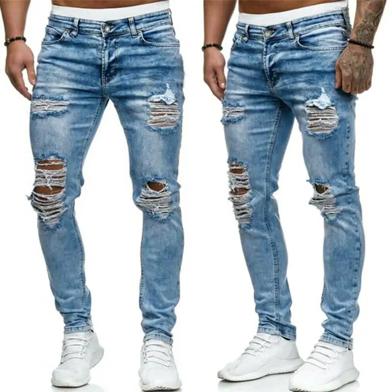

Men Fitted Ripped Jeans Denim High Street Frayed Destroyed Slim Stretchy Denim Pants Trousers Retro Fashion Pencil Pants