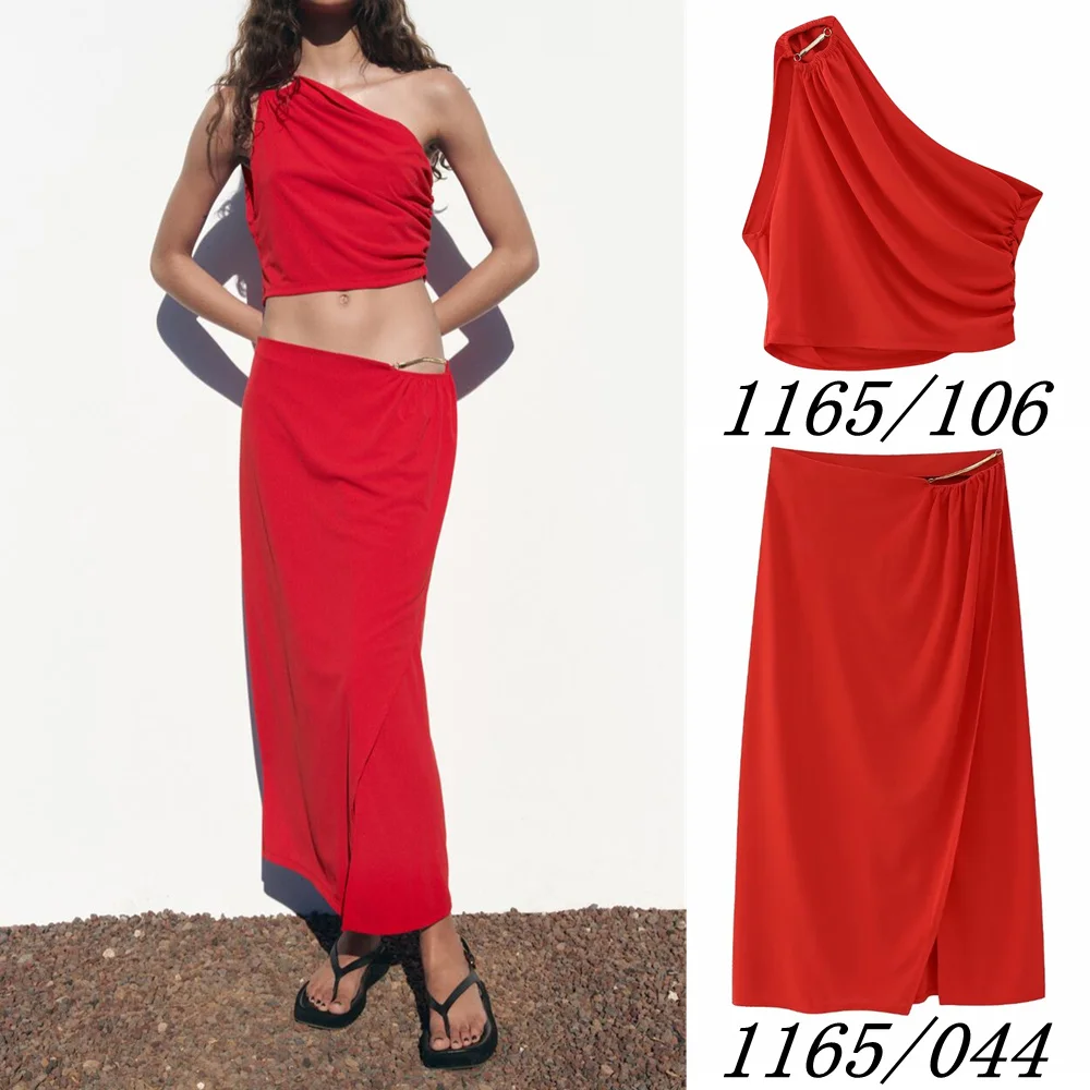 

UNIZERA Spring New Women's Clothing Pleated Decoration Asymmetric Top + Pleated Decorative Midi Skirt Two-piece Set 1165106