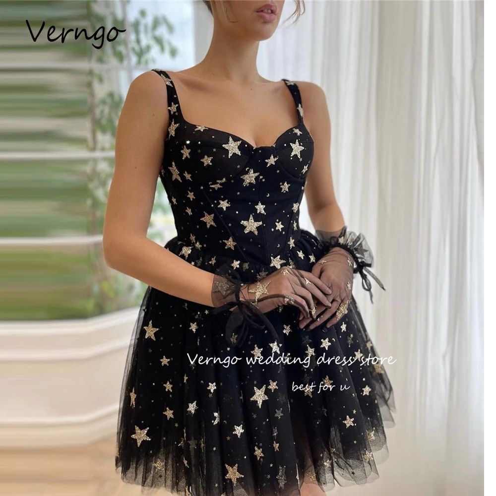 

Verngo 2023 Black Stars Short Prom Party Dresses Straps Mini Sweetheart Homecoming Cocktail Dress Summer Beach Robe de soiree