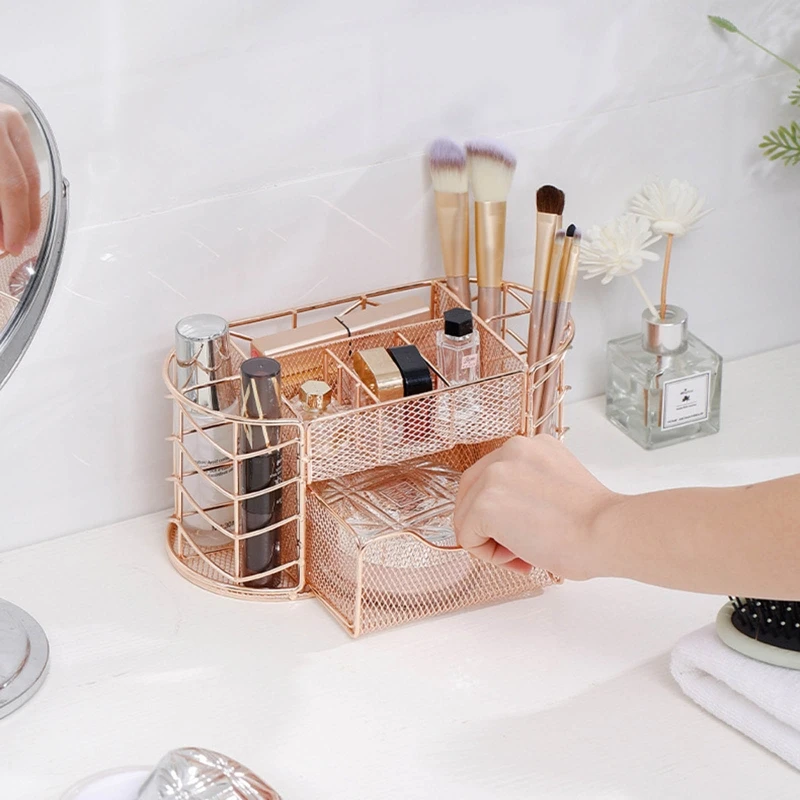 

Metal Desk Organizer with Drawer Iron Wire Pen Holder Makeup Organizer Skincare Holder for Bedroom Vanity Office Desk Dropship