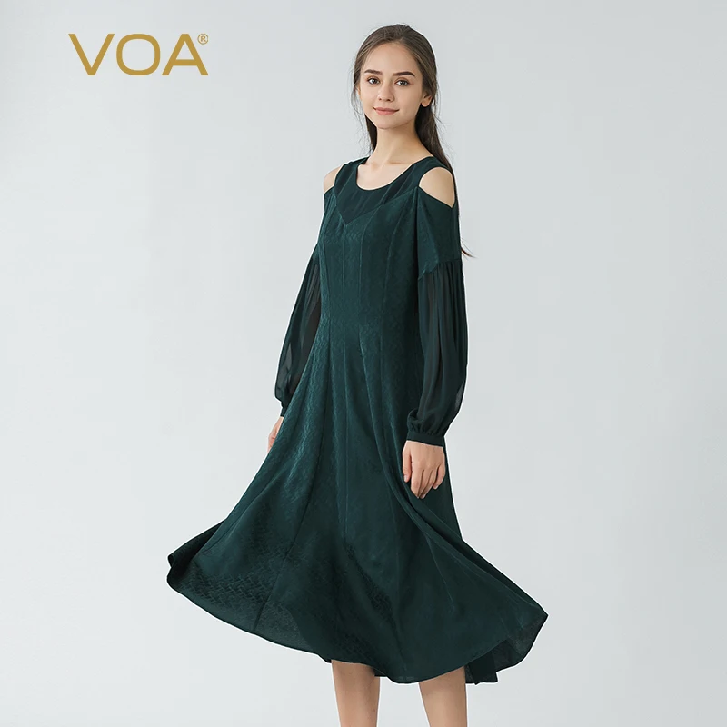 

VOA 22 Momme Jacquard Mulberry Silk Malachite Green Dresses Women O-neck Hollow Out Long Sleeve Waist Simple Silk Dress AE1693