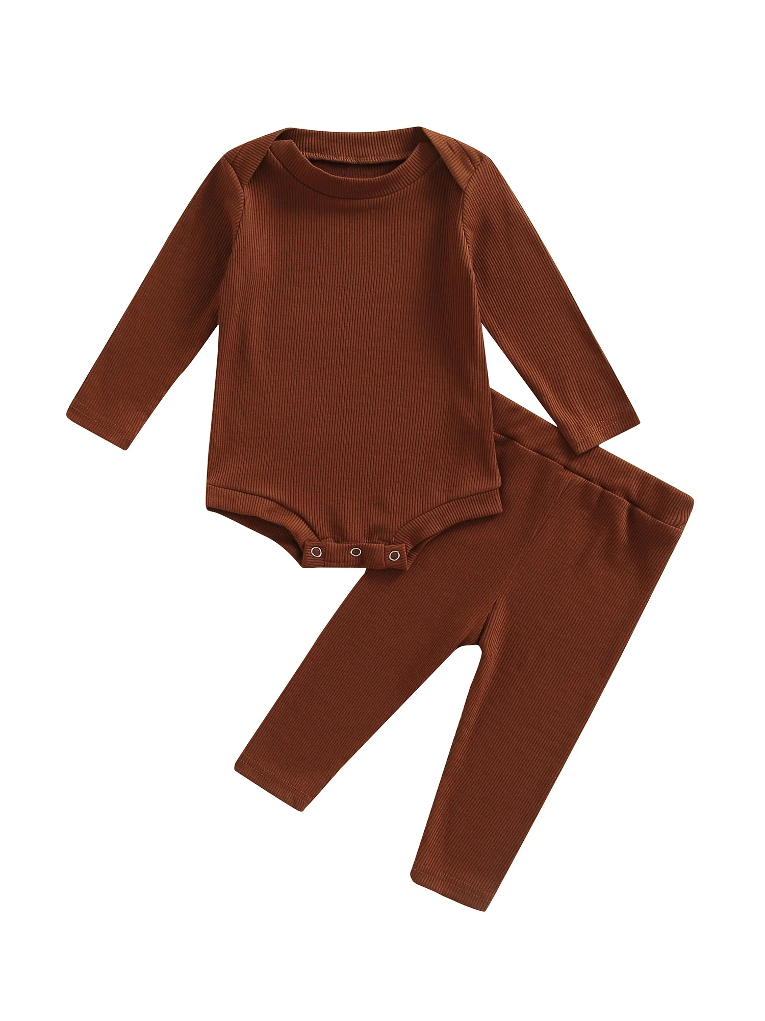 

Infant Baby Boy Girl Fall Winter Clothes Set Ribbed Solid Color Long Sleeve Bodysuit Elastic Waist Pants Outfit