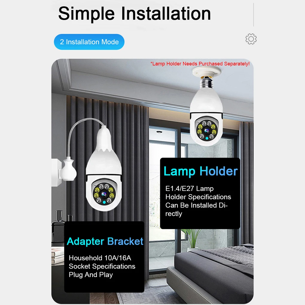 

5G Wifi E27 Bulb Surveillance Camera Night Vision Full Color Automatic Human Tracking 4X Digital Zoom Video Security Monitor Cam