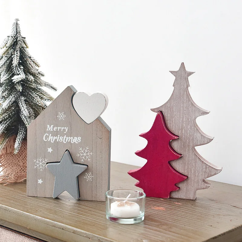

Nordic Style Christmas Wooden Decorations Blocks Tabletop Decor Xmas Tree House Deer Figurines Merry Christmas Sign Wood Plaques
