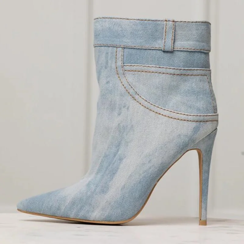 

Wash Denim Pointed Toe Ankle Boots Slip On Blue Jean Cloth Cover Heels Spring Autumn High Heel Short Booties