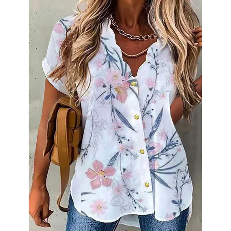 

Women's Printed Short Sleeve Shirt Tops Leopard Floral Summer Blouse Office Lady Shirt 2022 Casual Spring Shirt New Blusas 22088