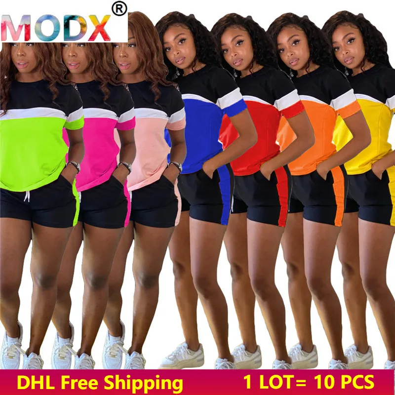 

Women Outfits Contast Color Tracksuits Summer Short Sleeve T Shirt+Shorts Sports 2 pcs Set Fitness Sportswear 4991