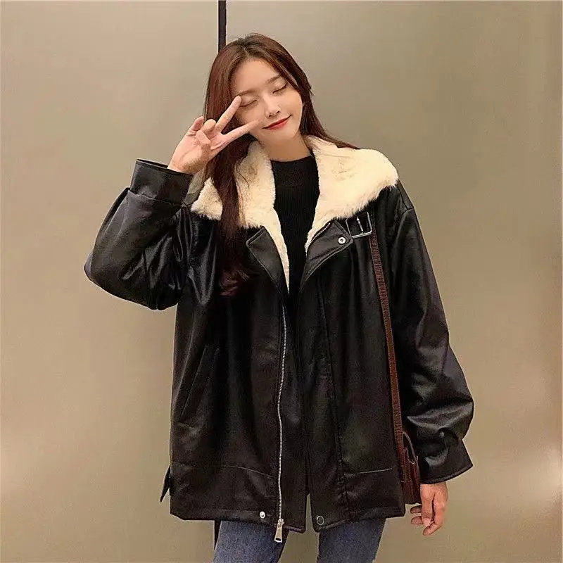 

Winter plush thermal jacket Women's casual loose motorcycle windproof jacket Street style coat Korean fashion leather jacket