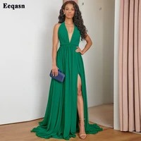 eeqasn 2022 green chiffon prom dresses halter v neck backless evening gowns prom party gowns high slit vintage formal dress