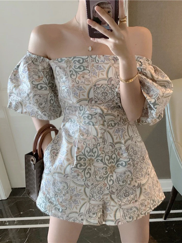 

Rompers Puff Sleeve Print Trendy Holiday Casual Beach Playsuits Retro Aesthetic Overalls Square Neck Jumpsuit Women'S Clothing