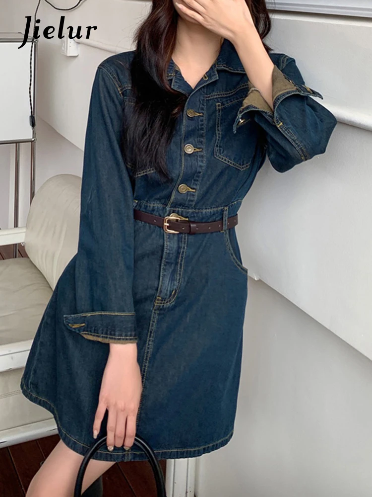 Jielur Женское джинсовое платье-поло голубое Элегантное однобортное винтажное