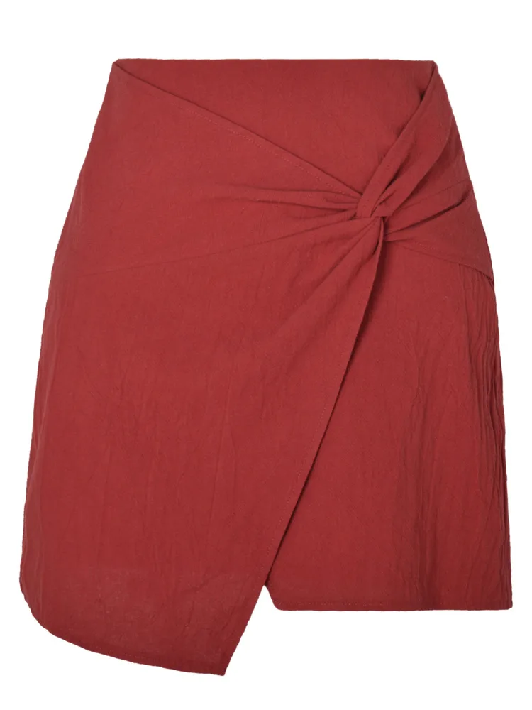 

New In 2023 Women's Summer High Waist Cotton Linen Twisted Knot Short Skirt Solid Color Zipper Irregular Bodycon Sexy Skirts