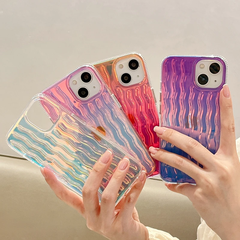 

Роскошный красочный лазерный изогнутый волнистый узор ПК Жесткий Чехол для Телефона iPhone 13 12 11 Pro Max градиентный Прозрачный Бампер задняя кры...