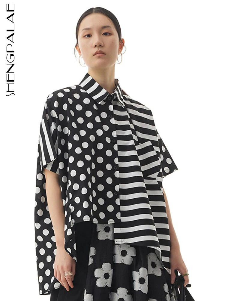 

SHENGPALAE женская рубашка 2022 Лето Новый Полосатый горошек нерегулярные шить лацканы короткий рукав однобортный топы 5QR355