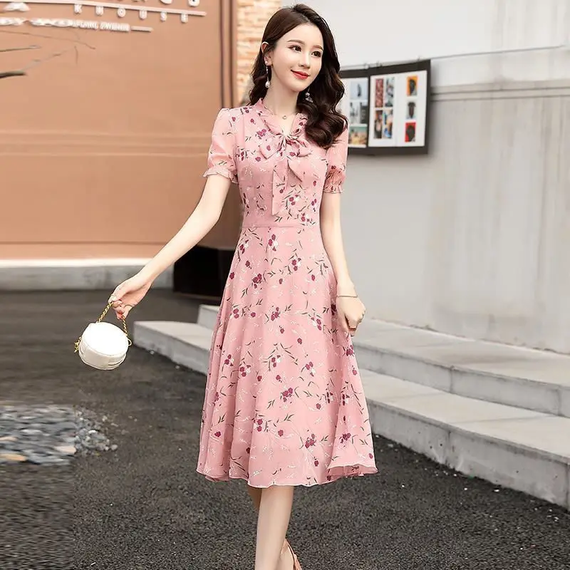

Милое шифоновое маленькое платье с цветочным принтом и бантом, летняя французская нишевая тонкая юбка с коротким рукавом и принтом