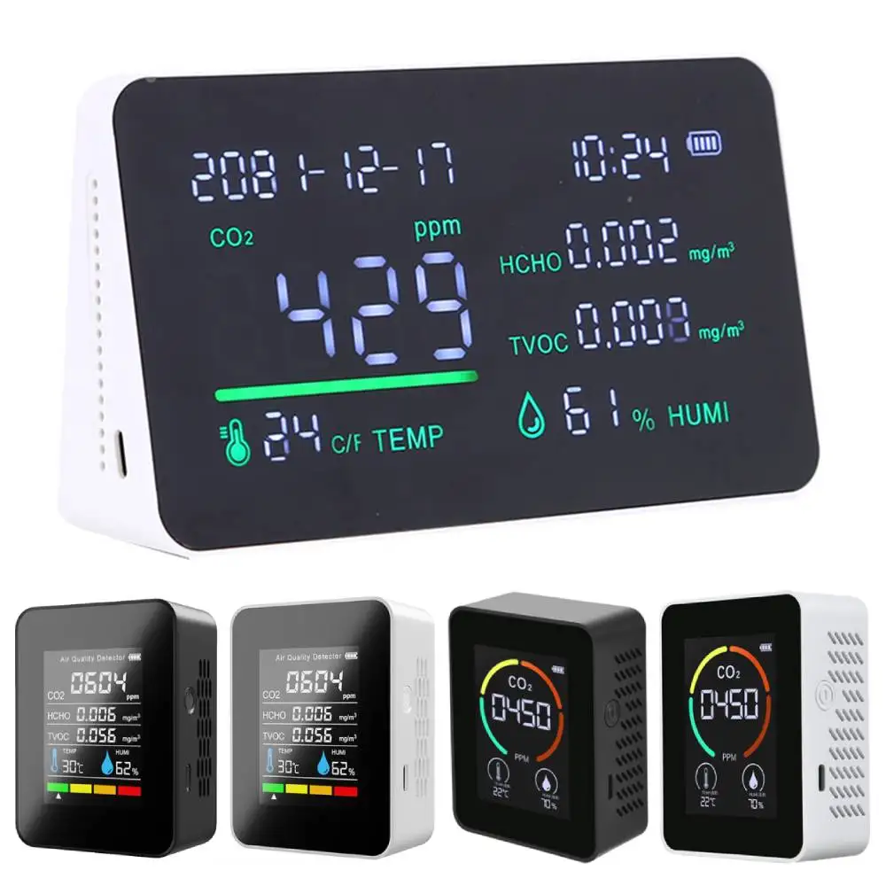 

8in1 Air Quality Monitor CO2 Meter Carbon Dioxide Detector TVOC HCHO PM2.5 PM1.0 PM10 Temperature Humidity Detection APP Control