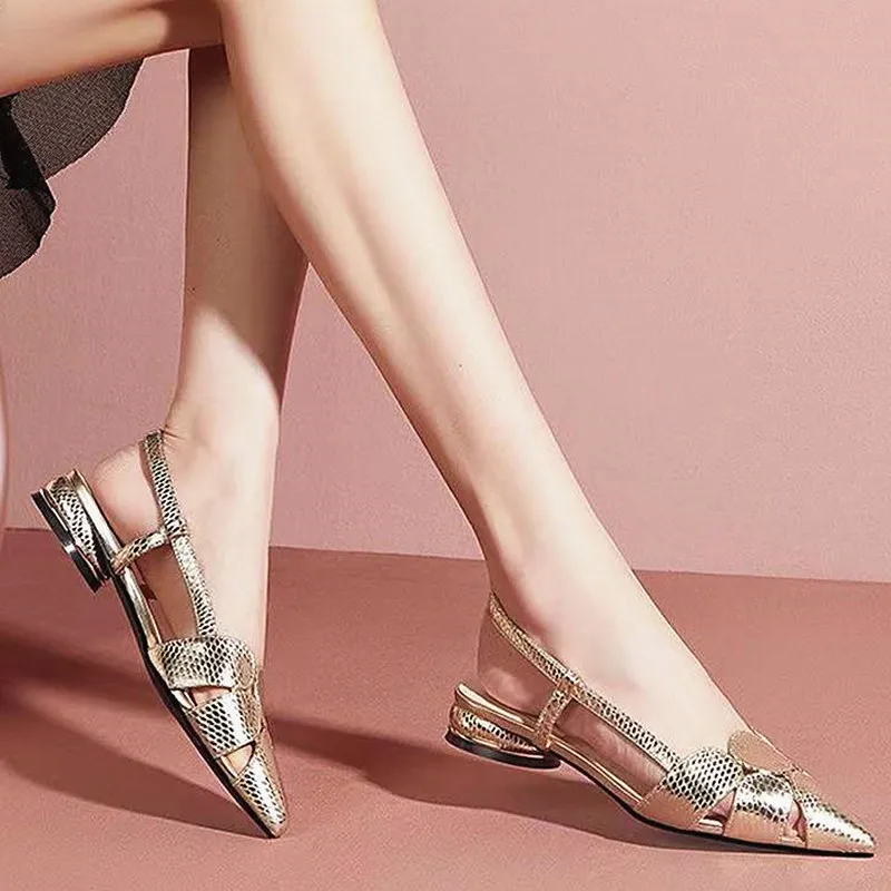 

2022 Fashion Women Low Heels Shoes Lady Pointe Toe Gold Heels Sandals Slingback Female Wedding Bridal Shoes J277