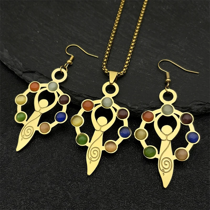 7-чакра камень йога ожерелье серьги комплект для женщин нержавеющая сталь