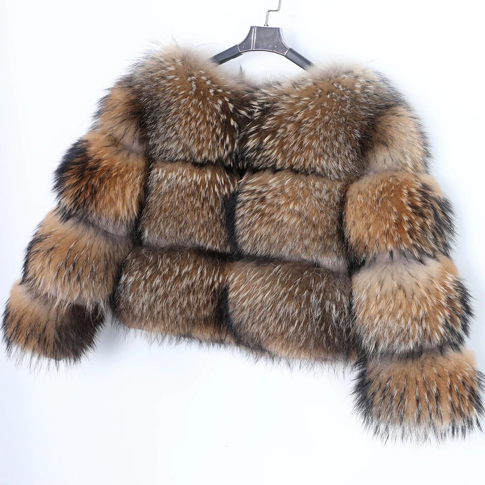 High Quality Winter Raccoon Fur Short Jacket Women's Real Raccoon Fur Round Neck Soft Outerwear Female Thick Warm Real Fur Coat