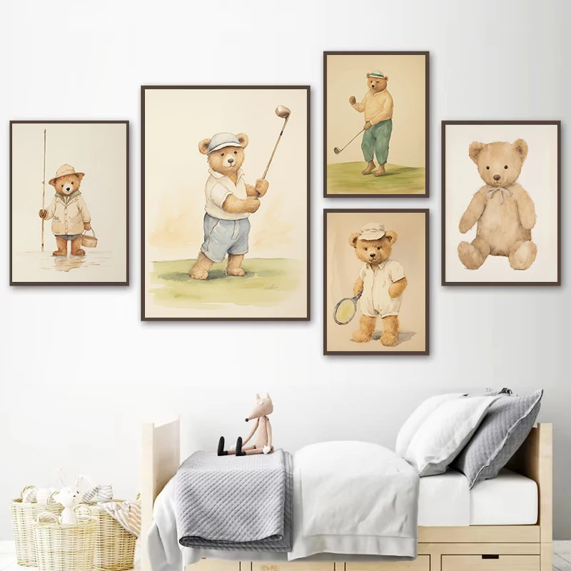 Акварель милый спортивный плюшевый мишка рыбалка гольф мультяшный постер холст