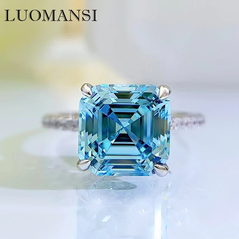 

LLuomansi 9*9MM Blue High Carbon Diamond Silver Ring 100%-S925 Women's Jewelry Wedding Party Commemorative Birthday Gift
