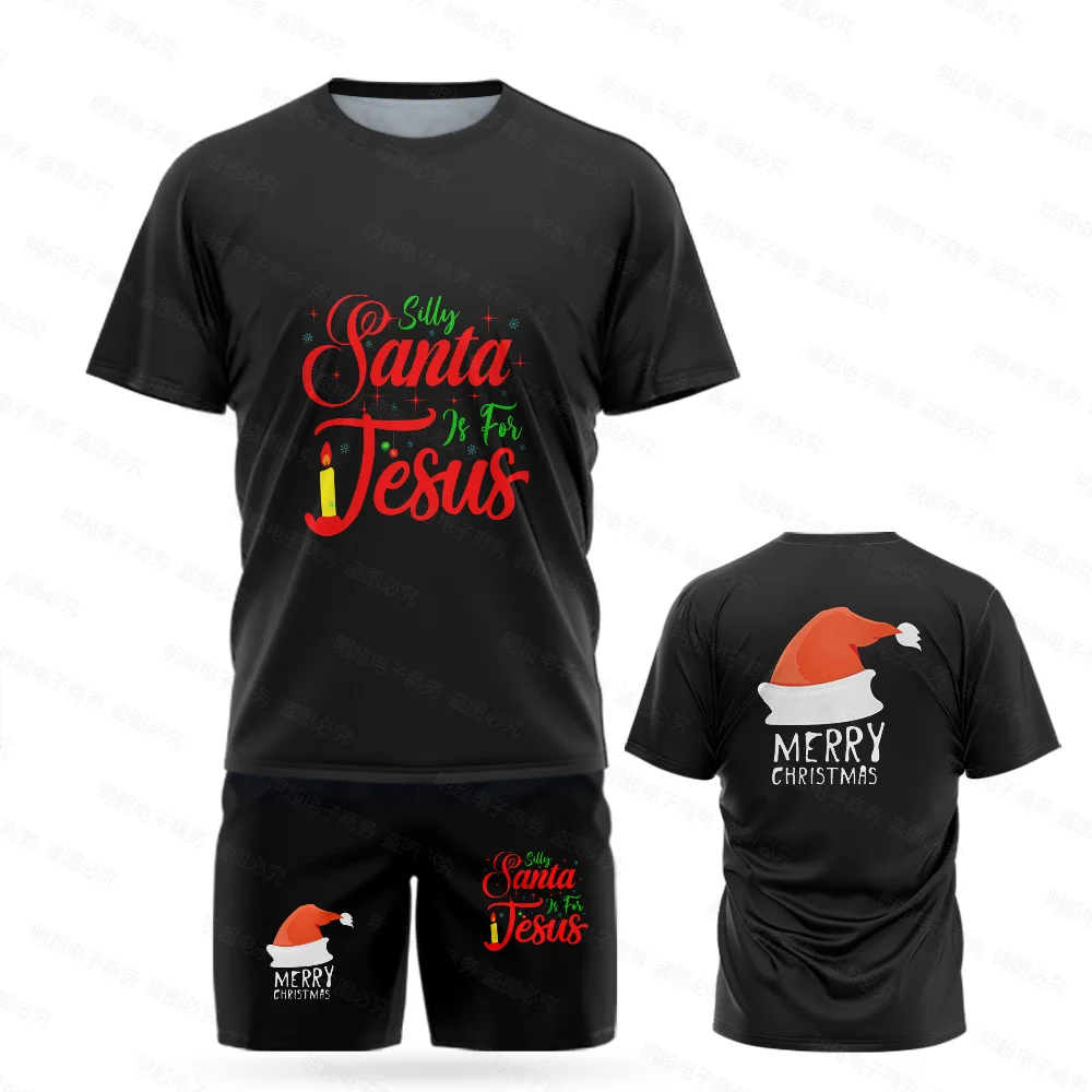 2023 New Christmas T-Shirt Set Brand Letter Graphic Santa Claus Christmas Tree Western Holiday Kids Christmas Top Shorts