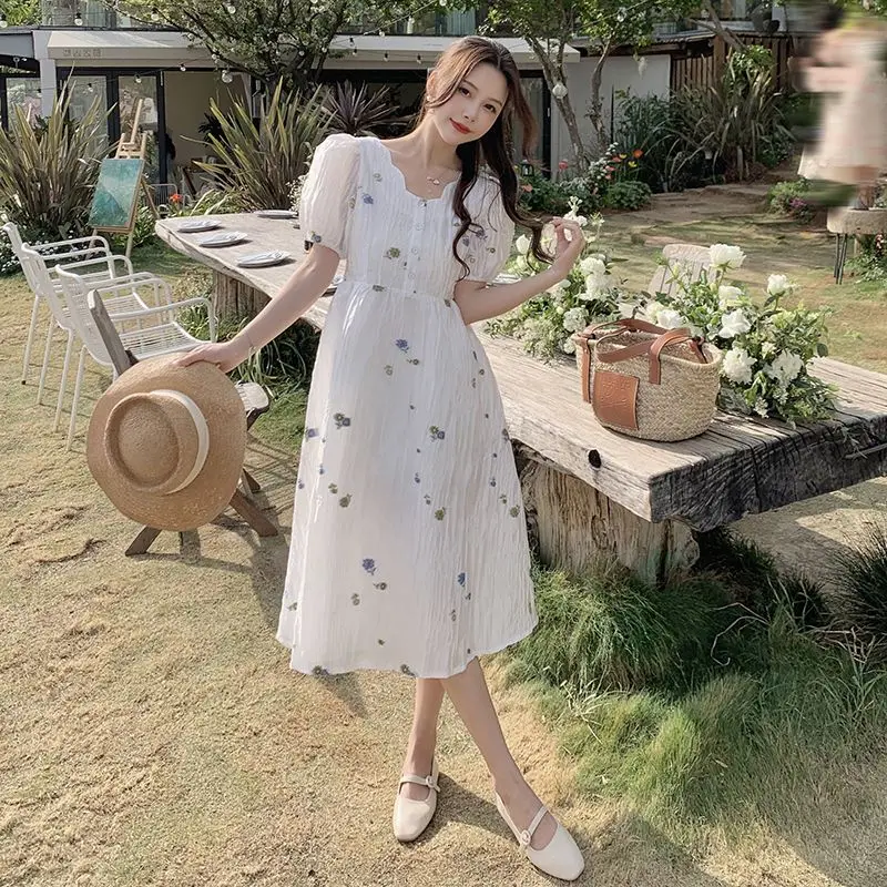 

COIGARSAM Long Dress Women Summer 2022 New French Style Cute High Waist White Dresses Dropshipping